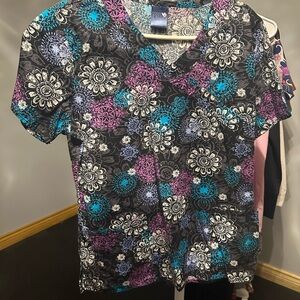 Floral V-Neck Scrub Top in Black with Teal & Purple